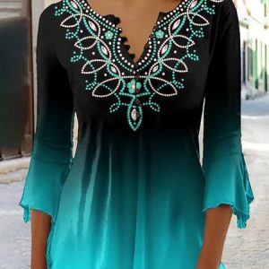 Casual Ombre V Neck Three Quarter Sleeve T-shirt, T-shirts, color:Blue|size:3XL, Noracora