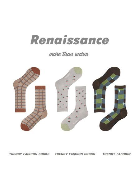Art Contrast Color Rabbit Floral Plaid Stars 3 Pairs Combination Stocking Set, Socks, color:Color3|size:3 Pairs, JustFashionNow