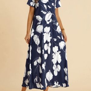 Cotton Blends Floral Loosen Short Sleeve Woven Dress, Dresses, color:Blue|size:XXL, JustFashionNow