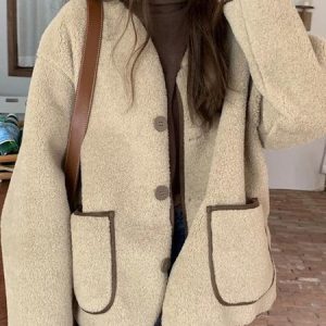 Long Sleeve Plain Fleece Micro-Elasticity Loose Pilot Teddy Jacket For Women, Coats, color:Khaki|size:3XL, Noracora