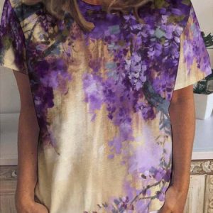 WomenвЂ™s Plant Pattern Floral Cotton-Blend Casual T-Shirt, T-shirts, Lilicloth.com