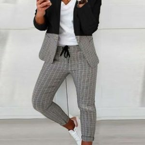 Women Plaid Lapel Collar Long Sleeve Comfy Casual Buckle Coat With Pants Two-Piece Set, Sets, color:Black|size:XXL, Noracora