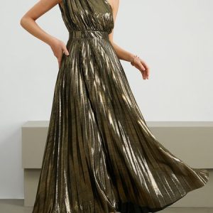 Party Plain Regular Fit One Shoulder Wedding Guest Dress, Maxi Dresses, color:Golden|size:XXL, Stylewe