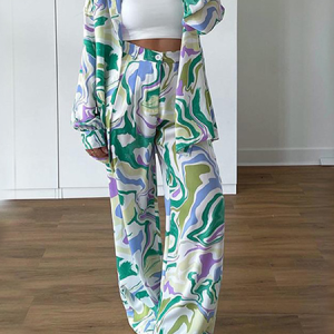 Women Abstract Shawl Collar Long Sleeve Comfy Casual Top With Pants Two-Piece Set, Sets, color:Green|size:3XL, Noracora