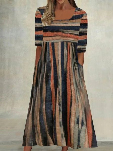 Women's A Line Midi Dress Half Sleeve Line Print Square Neck Elegant Modern, Dresses, color:Khaki|size:XXL, JustFashionNow