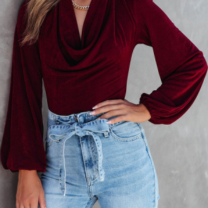 Regular Fit Others Urban Plain Long sleeve Blouse, Blouses and Shirts, color:Datered|size:XXL, Stylewe