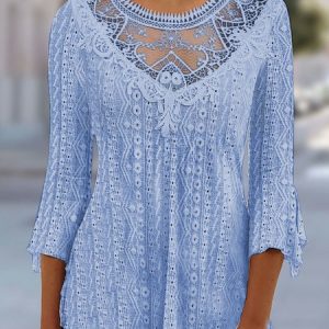 Crew Neck Lace Casual Shirt, Blouses, color:Light Blue|size:XXL, Noracora