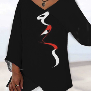 Casual V Neck Striped Shirt, TOPS, color:Black|size:4X, Noracora