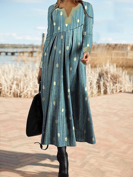 V neck Midi Casual Polka Dots Dress, Dresses, color:Cyan|size:XXL, JustFashionNow