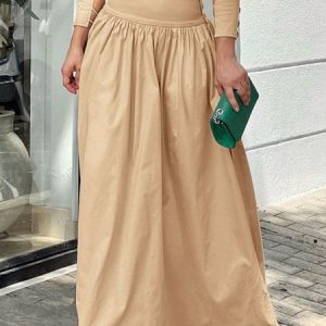 Plain Loose Urban A-Line Long Skirt, Skirts, color:Khaki|size:XXL, Stylewe