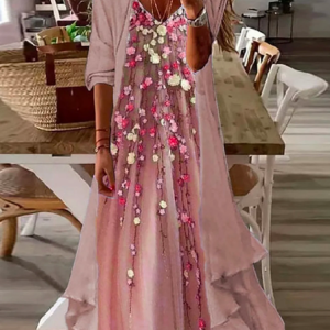 Elegant V Neck Ombre Loose Women Long Sleeve V-neck Floral Printed Two-piece Dress, Suit Set, color:Pink|size:XXL, JustFashionNow