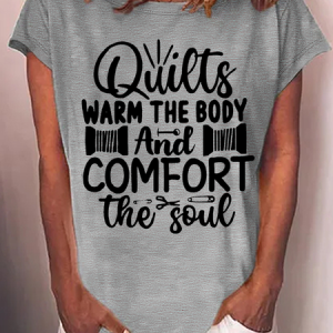 Women's Quilts Warm The Body Cotton-Blend Crew Neck Casual T-Shirt, color:Gray|size:3XL, Lilicloth.com