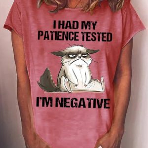 Women's I Had My Patience Tested I'm Negative Cat Funny Sarcasm Casual T-shirt, color:Red|size:3XL, Lilicloth.com