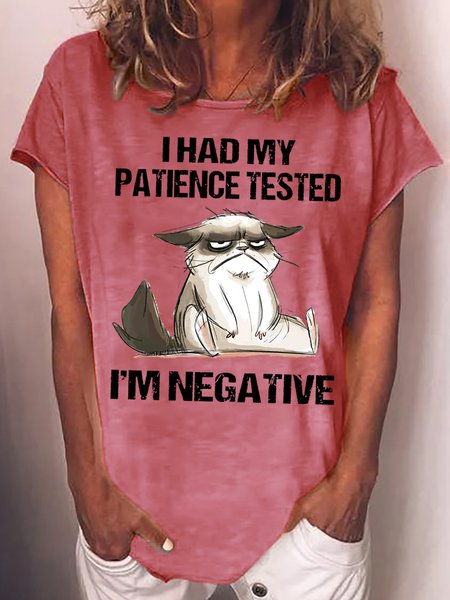 Women's I Had My Patience Tested I'm Negative Cat Funny Sarcasm Casual T-shirt, color:Red|size:3XL, Lilicloth.com