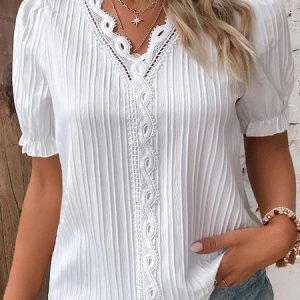 Plus Size Casual Lace Plain Shirt, TOPS, color:White|size:4X, Noracora