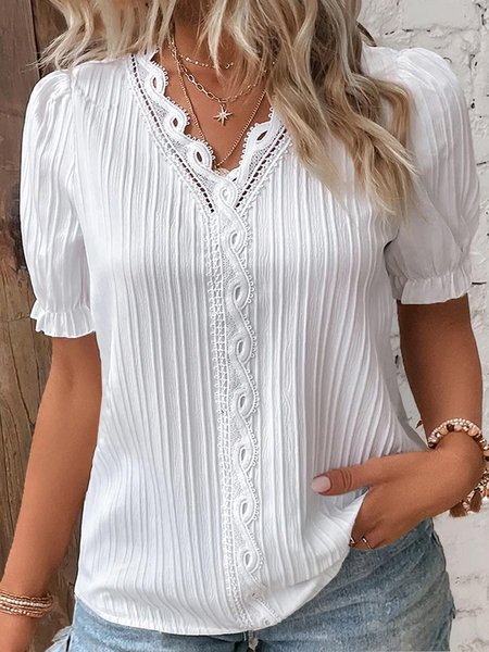 Plus Size Casual Lace Plain Shirt, Shirts & Blouses, color:White|size:4X, JustFashionNow