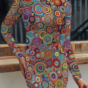 Women Geometric Crew Neck Long Sleeve Comfy Casual Short Dress, Short, color:Multicolor|size:XXL, Noracora