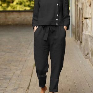 Loose Crew Neck Casual Two-Piece Set, Suit Set, color:Black|size:XXL, JustFashionNow