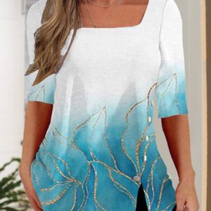 Plus Size Square Neck Loose Random Print Casual Shirt, Shirts & Blouses, color:Blue|size:4X, JustFashionNow