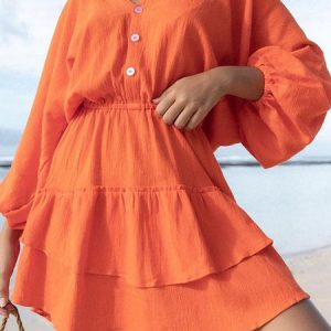 Women Plain V Neck Long Sleeve Comfy Casual Short Dress, Short, color:Orange|size:XL, Noracora