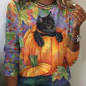 Cat Knitted Casual Crew Neck T-Shirt, T-Shirts, color:Orange|size:XXL, JustFashionNow