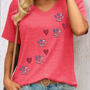 Women's Cute Dog Paw Patriotic Print Casual T-Shirt, color:Pink|size:3XL, Lilicloth.com