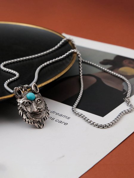 Men's Hawaiian Retro Dotted Wolf Head Pearl Pendant Necklace, Men's Accessories, color:As Picture, JustFashionNow