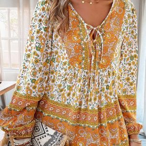 V Neck Long Sleeve Floral Regular Loose Shirt For Women, Blouses, color:Yellow|size:XL, Noracora
