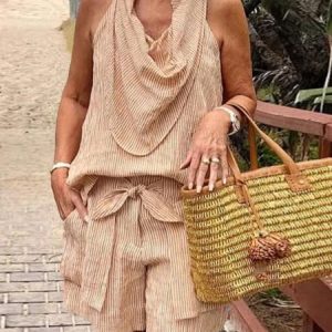 Casual Striped V Neck Two-Piece Set, Suit Set, color:Apricot|size:3XL, JustFashionNow