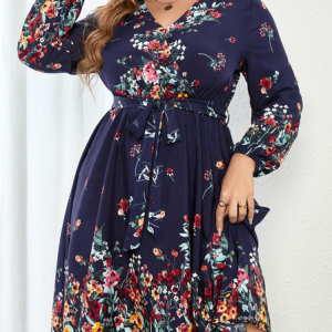 plus size V Neck Casual Loose Dress, DRESSES, color:Deep Blue|size:4X, Noracora