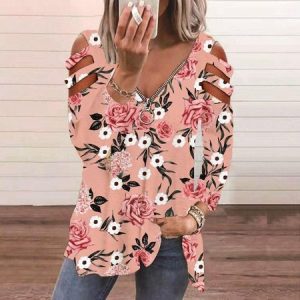 Women's Casual Floral V Neck Zip Long Sleeve Blouse Vacation Boho Clothing, Shirts & Blouses, color:Light Pink|size:XXL, JustFashionNow