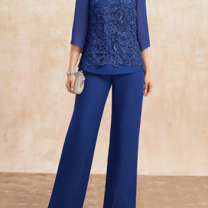 Women Plain Crew Neck Three Quarter Sleeve Comfy Casual Top With Pants Two-Piece Set, Sets, color:Blue|size:XXL, Noracora
