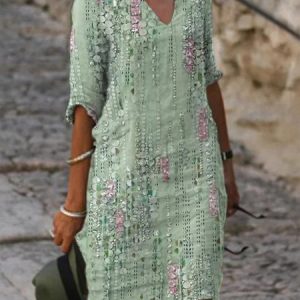 Casual Loose Floral Notched Dress, Dresses, color:Green|size:4X, JustFashionNow