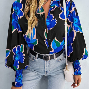 Floral Shirt Collar Long sleeve Loose Urban Blouse, Blouses and Shirts, color:Black|size:XXL, Stylewe