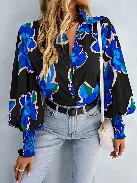 Floral Shirt Collar Long sleeve Loose Urban Blouse, Blouses and Shirts, color:Black|size:XXL, Stylewe