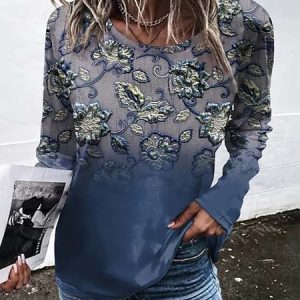 Casual Ethnic Crew Neck Long Sleeve T-shirt, T-shirts, color:Blue|size:5XL, Noracora