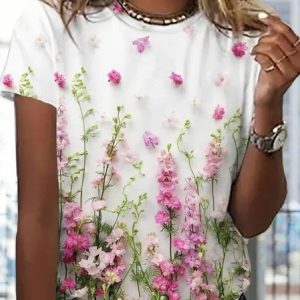 Plus Size Loose Casual Crew Neck Floral T-Shirt, TOPS, color:Pink|size:4X, Noracora