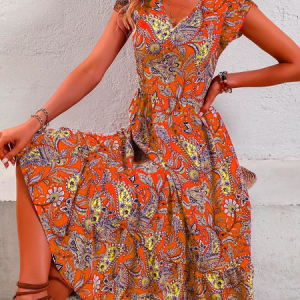 Vacation Paisley Printed Dress, Maxi, color:Orange|size:XS, catalog Noracora shop