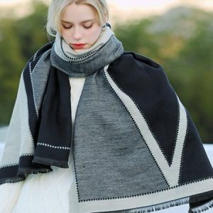 Black Gray and White Geometric Contrast Color Tassel Imitation Cashmere Warm Scarf, Women Scarves & Shawls, color:Black|size:One-size, JustFashionNow