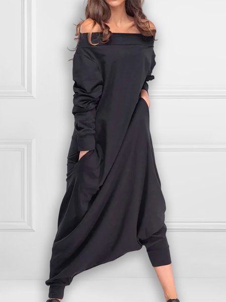 Urban Cold Shoulder Loose Plain Jumpsuit, Jumpsuits, color:Black|size:XXL, Stylewe