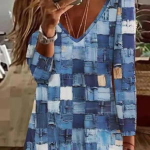 Color Block Regular Fit V Neck Casual Top, Shirts & Blouses, color:Blue|size:XXL, JustFashionNow