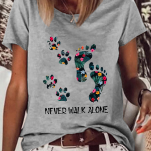 Women's Never Walk Alone Dog Paw Printed Crew Neck Casual Cotton-Blend T-Shirt, T-shirts, Lilicloth.com