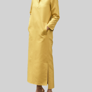 Urban Loose Stand Collar Long Sleeve Plain Maxi Dress, Maxi Dresses, color:Yellow|size:XXL, Stylewe