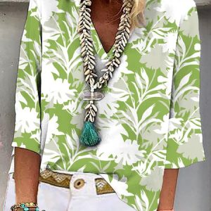 Printing Leaf Casual V Neck Shirt, Shirts & Blouses, color:Green|size:XXL, JustFashionNow