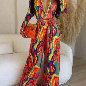 Regular Fit Urban Others Abstract Graphic Jumpsuit, Jumpsuits, color:Orange|size:XXL, Stylewe