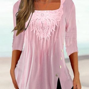 Women's Summer Tunics Square Neck Casual Plain Regular Fit Half Sleeve Top, Shirts & Blouses, color:Pink|size:XXL, JustFashionNow