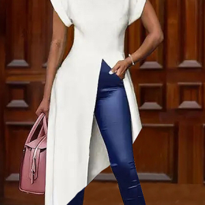 Loose Lightweight Crew Neck Short sleeve Urban Plain Mid-long Shirt, Blouses and Shirts, color:White|size:XL, Stylewe
