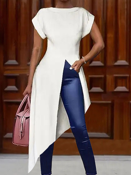 Loose Lightweight Crew Neck Short sleeve Urban Plain Mid-long Shirt, Blouses and Shirts, color:White|size:XL, Stylewe