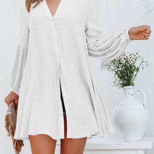 Loose V Neck Lantern Sleeve Urban Dress With No, Dresses, color:White|size:3XL, JustFashionNow