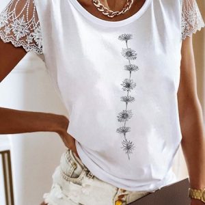 Lace Casual Regular Fit T-Shirt, T-Shirts, color:White|size:XXL, JustFashionNow